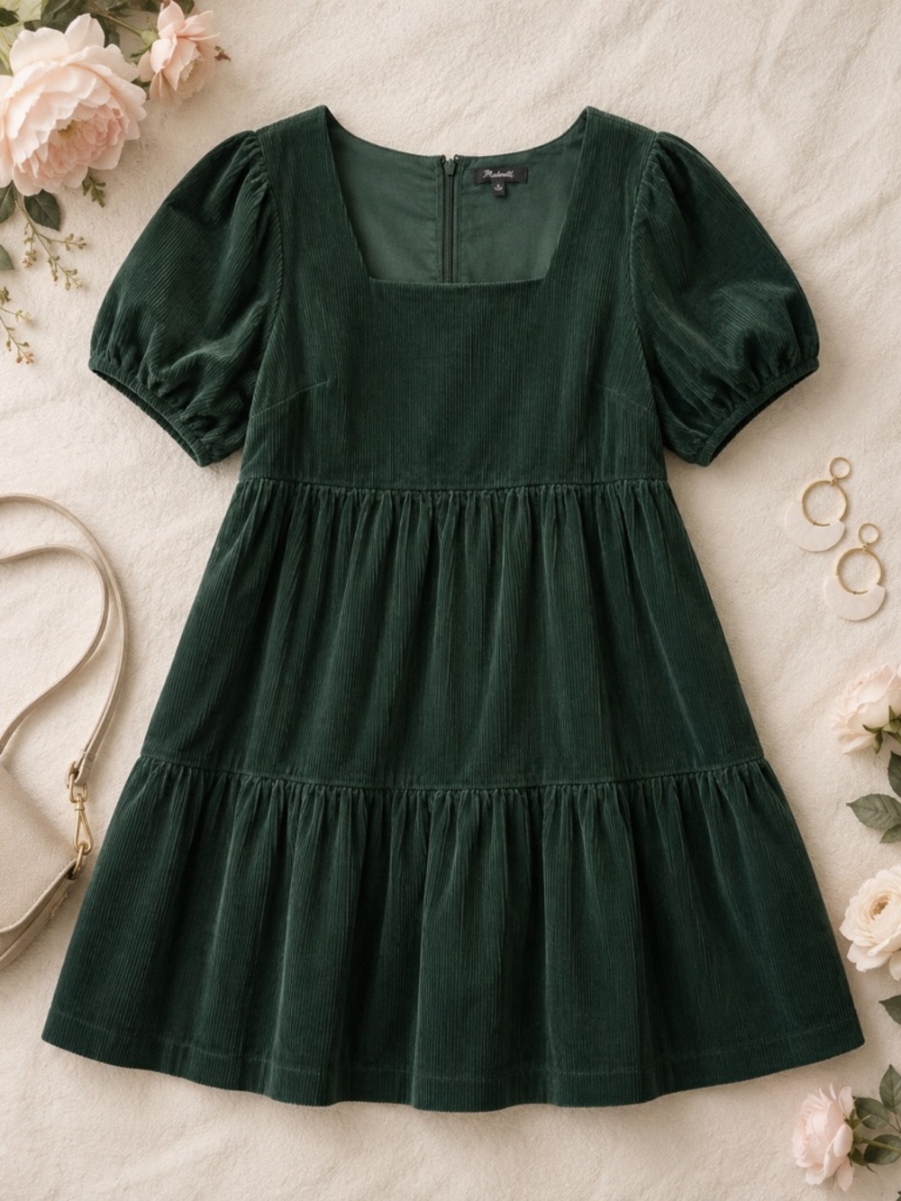 Madewell Size 4 Green Corduroy Tiered Mini Dress Puff Sleeve Square Neck